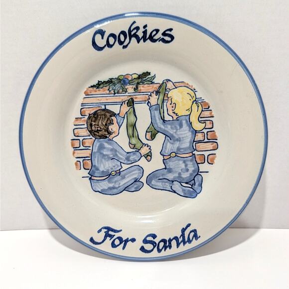 Vtg Louisville Stoneware "Cookies For Santa" Plate Boy & Girl Hanging Stockings - Picture 1 of 8